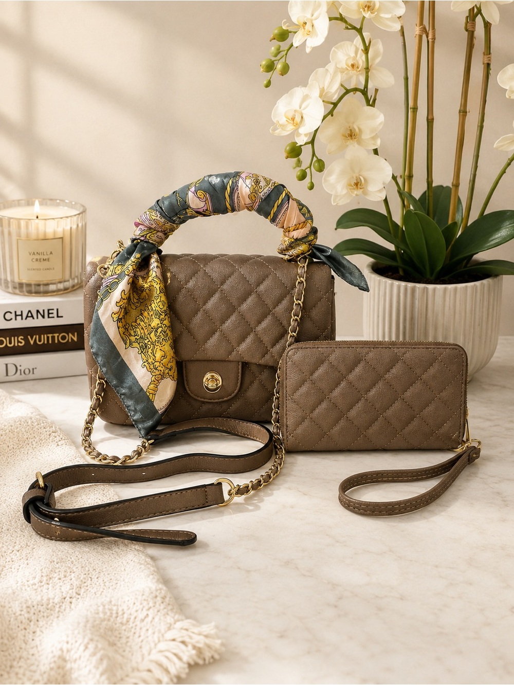 Quilted Taupe Crossbody Bag with wallet and Scarf Accent